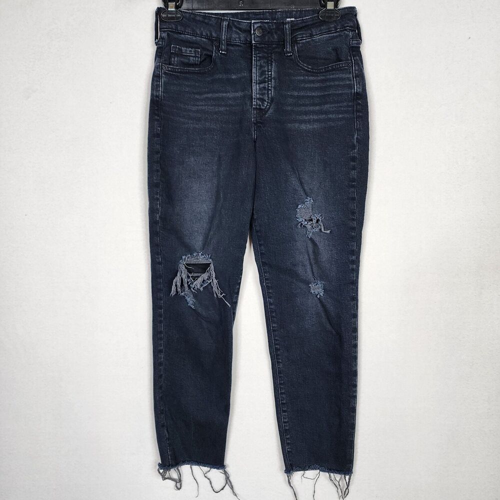 Old Navy Jeans Black OG Straight High Rise Stretch Button Closure Raw Hem Size 6